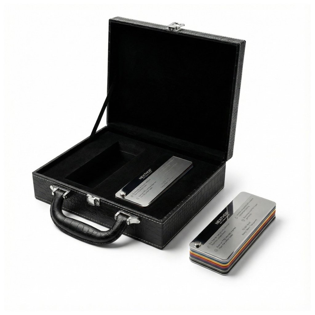 The Nexthor PPF Sample Kit (All Colors) is shown on a white background with a black leather briefcase featuring a metal plaque inside, beside an array of metallic sample cards arranged by color.