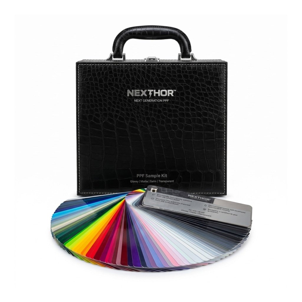 The Nexthor PPF Sample Kit (All Colors) features a black textured carrying case labeled NEXTHOR, with a semi-circle fan of vibrant color and finish swatches displayed in front.