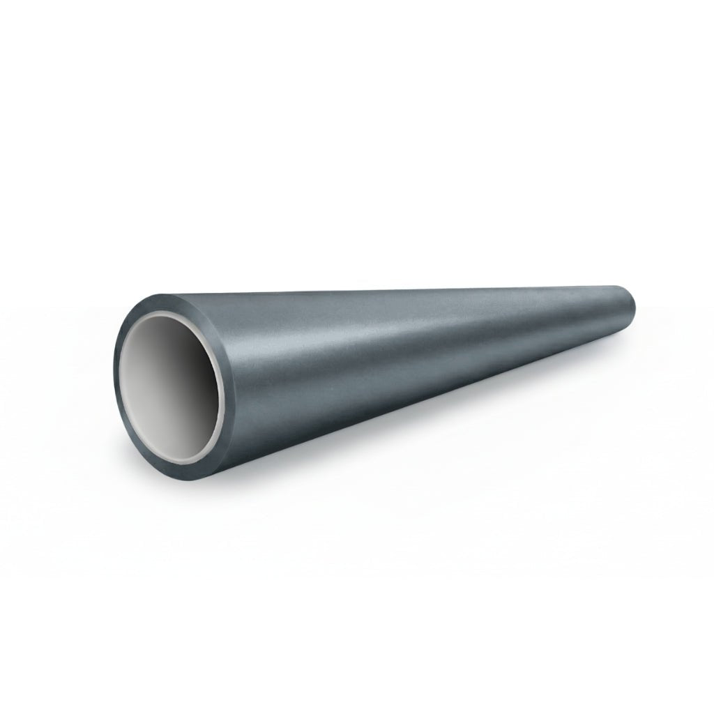 A gray, hollow, tapered cylindrical pipe in Satin Titanium Ice SelfRepair Nano-Coated PPF finish featuring samoregeneračná technológia rests on a white background.